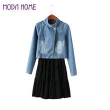 Women Two-piece Suit Bleached Crop Denim Jacket Coat Pleated Solid Vest Tank Dress Twinset Blue TIML66 TIML66