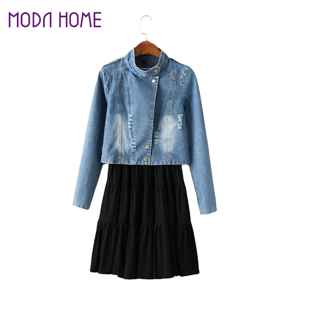 Women Two-piece Suit Bleached Crop Denim Jacket Coat Pleated Solid Vest Tank Dress Twinset Blue TIML66 TIML66