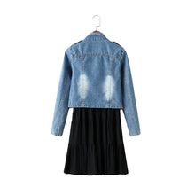 women two piece set suit bleached crop denim jacket coat pleated solid vest tank dress twinset blue TIML66