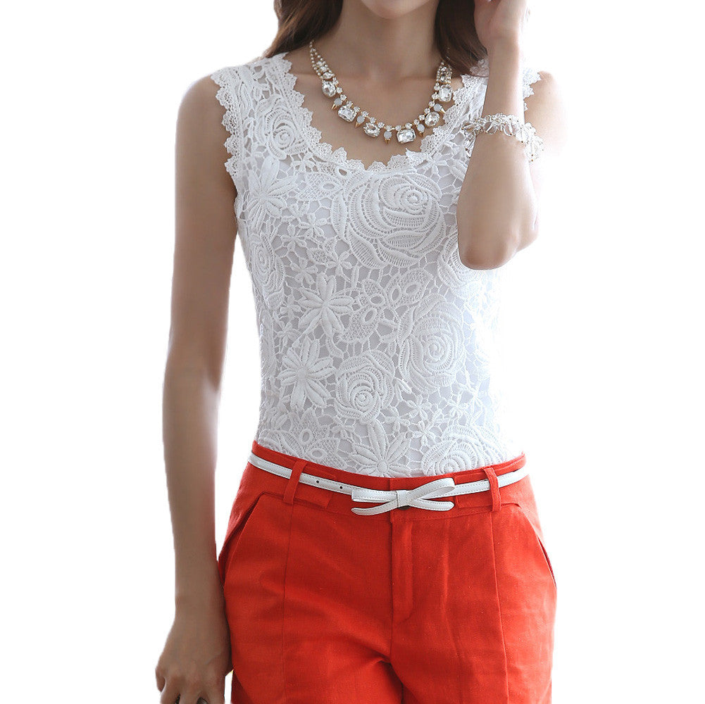 women vintage crochet lace tops casual sexy round neck sleeveless shirt hollow out women blouses white TIML66