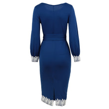 women dress lantern sleeves lace patchwork knee length pencil dress elegant office dress vestidos royal blue TIML66