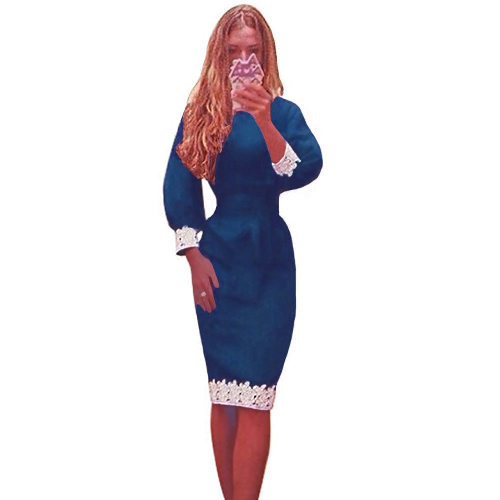 women dress lantern sleeves lace patchwork knee length pencil dress elegant office dress vestidos royal blue TIML66