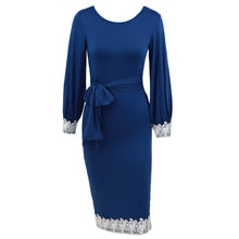 women dress lantern sleeves lace patchwork knee length pencil dress elegant office dress vestidos royal blue TIML66