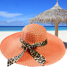 women sun hat straw hat wide large brim beach cap with leopard ribbon orange TIML66