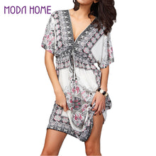 retro women boho dress floral print v neck short sleeve beach dress vintage dress casual party dresses vestidos TIML66