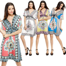 retro women boho dress floral print v neck short sleeve beach dress vintage dress casual party dresses vestidos TIML66
