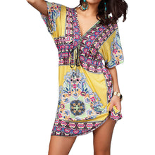 retro women boho dress floral print v neck short sleeve beach dress vintage dress casual party dresses vestidos TIML66