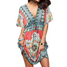 retro women boho dress floral print v neck short sleeve beach dress vintage dress casual party dresses vestidos TIML66