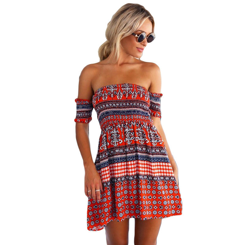 sexy off should bohemian dress elegant print beach casual dresses plus size dress women backless dress vestidos TIML66