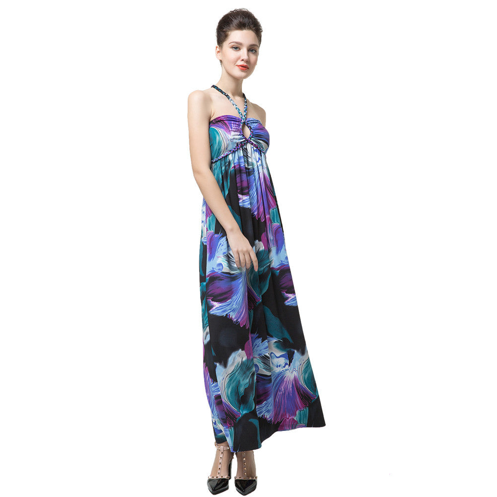 sexy women beach dress floral print halter tie elegant vintage dress purple women party maxi dress vestidos TIML66