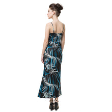 sexy women elegant dress contrast print v neck spaghetti strap light pad beach maxi dress vestidos blue TIML66