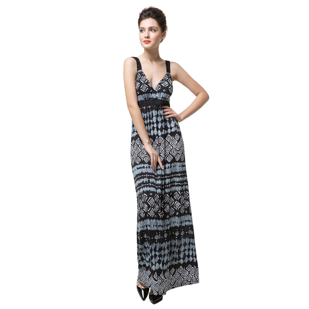 sexy women long maxi dress geometric print deep v neck boho dress backless elegant bohemian party beach dress black TIML66