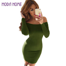 Sexy Women Off Shoulder Bodycon Dress Slash Neck Long Sleeve Pencil Bandage Dress Solid Ladies Party Mini Dresses XL TIML66 TIML66