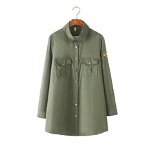 women shirts chest pockets embroidery turn down collar long sleeves button casual women tops loose blouse army green TIML66