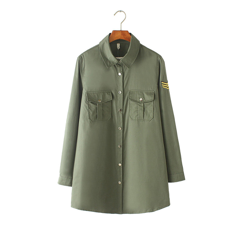 women shirts chest pockets embroidery turn down collar long sleeves button casual women tops loose blouse army green TIML66