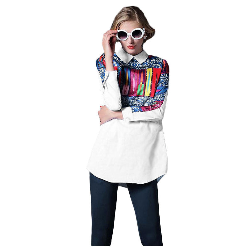 Women Blouses Vintage Retro Print Long Shirt Turn Down Collar Long Sleeve Shirt Casual Women Tops Blusas Plus size White TIML66 TIML66