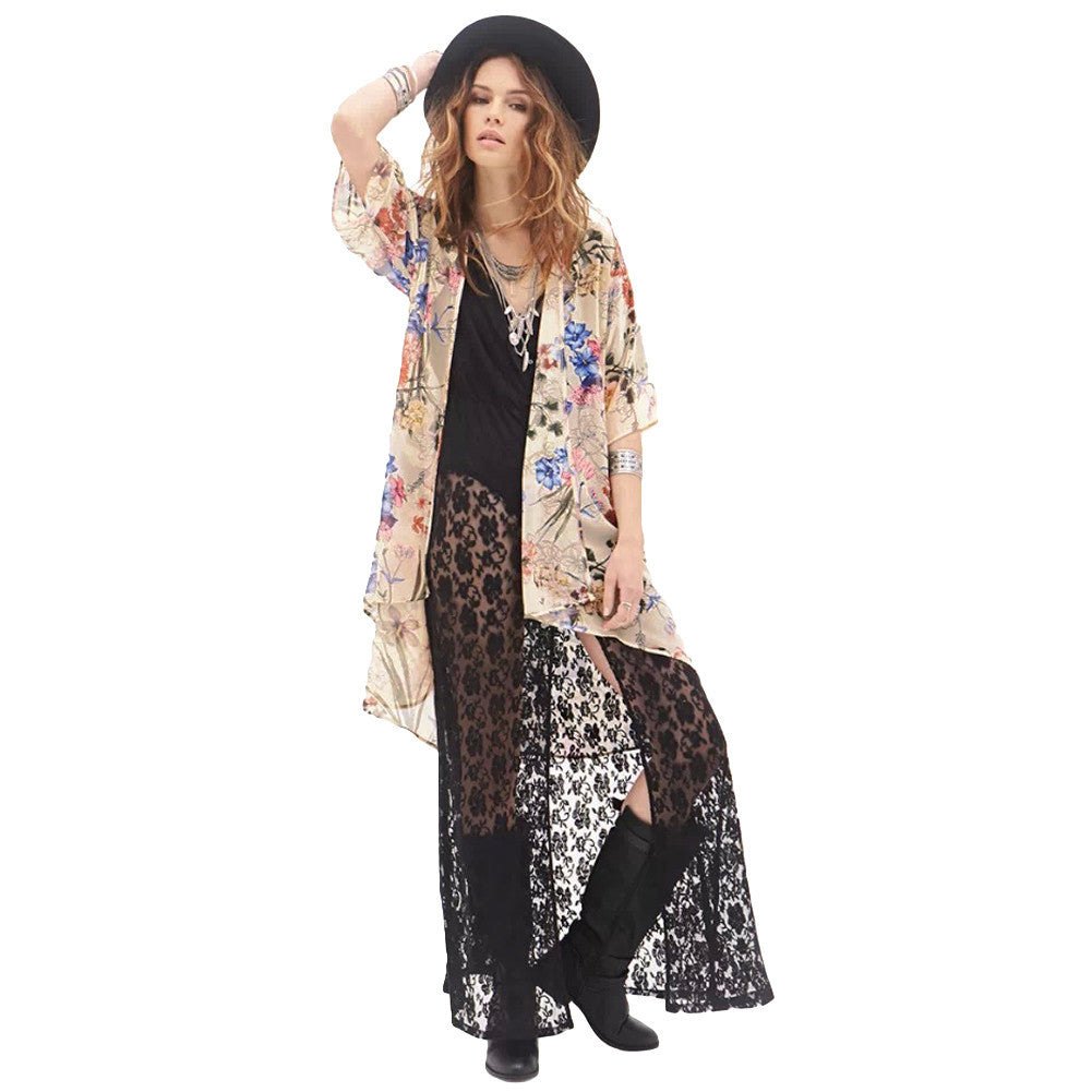 women chiffon blouses open front floral leaf print half sleeves thin outerwear loose elegant cardigan women coat yellow TIML66