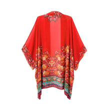 women chiffon outerwear open front floral print batwing 3 4 sleeves irregular hem thin vintage loose cardigan red TIML66