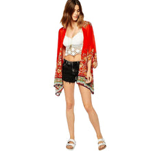 women chiffon outerwear open front floral print batwing 3 4 sleeves irregular hem thin vintage loose cardigan red TIML66