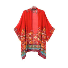 women chiffon outerwear open front floral print batwing 3 4 sleeves irregular hem thin vintage loose cardigan red TIML66