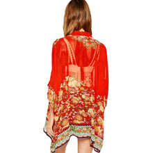 women chiffon outerwear open front floral print batwing 3 4 sleeves irregular hem thin vintage loose cardigan red TIML66