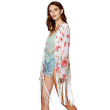 women chiffon outerwear open front floral print tassel women blouses long sleeves elegant loose cardigan thin coat red TIML66