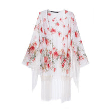 women chiffon outerwear open front floral print tassel women blouses long sleeves elegant loose cardigan thin coat red TIML66