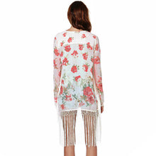 women chiffon outerwear open front floral print tassel women blouses long sleeves elegant loose cardigan thin coat red TIML66