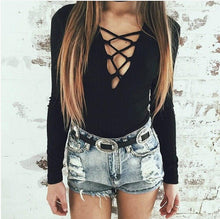 Women Jumpsuit Sexy Bodysuit Criss Cross Deep V Neck Ribbed Tights Bodycon Jumpsuit Short Rompers BlackGrey TIML66 TIML66