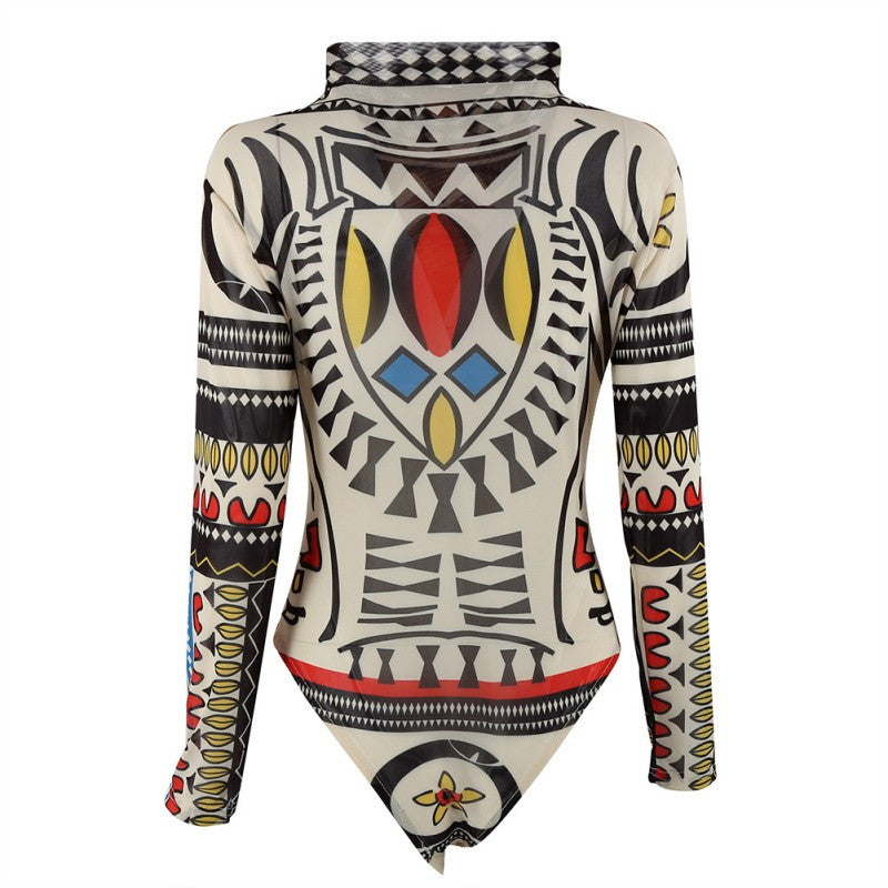 Ladies Printing Slim Bodycon Long-sleeve Club Playsuits Jumpsuit Tops Transparent Bodysuits Tops TIML66