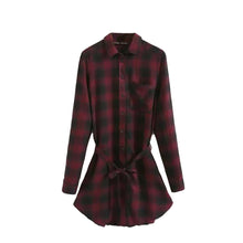 women plaid vintage dress turn down collar long sleeve shirt dress elegant lady office party dress vestidos red TIML66