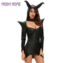 women sexy halloween witch costume cosplay dark sorceress mini wicca dress horn high low hem pu leather hooded uniform black TIML66