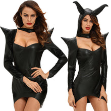 women sexy halloween witch costume cosplay dark sorceress mini wicca dress horn high low hem pu leather hooded uniform black TIML66