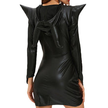 women sexy halloween witch costume cosplay dark sorceress mini wicca dress horn high low hem pu leather hooded uniform black TIML66