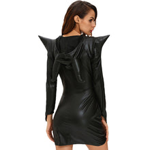 women sexy halloween witch costume cosplay dark sorceress mini wicca dress horn high low hem pu leather hooded uniform black TIML66