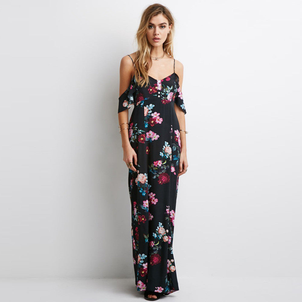 Off Shoulder Dress Sleeveless Chiffon Women Maxi Dress Retro Floral Print Evening Long Party Dress Vestidos TIML66 TIML66