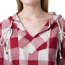 Women Blouses Plaid Print Shirt Drawstring Pocket V Neck Linen Casual VintageShirt Women Tops Blusas Red TIML66 TIML66