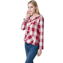 Women Blouses Plaid Print Shirt Drawstring Pocket V Neck Linen Casual VintageShirt Women Tops Blusas Red TIML66 TIML66