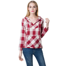 Women Blouses Plaid Print Shirt Drawstring Pocket V Neck Linen Casual VintageShirt Women Tops Blusas Red TIML66 TIML66
