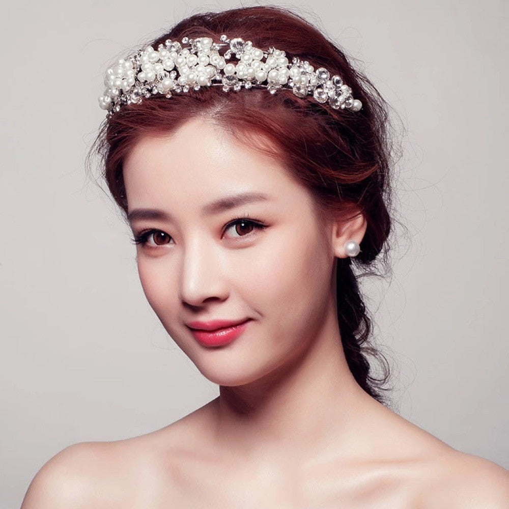 rhinestone crystal simulated pearls beads bridal crown hairband chain tiara vine decoration jewelry for wedding party hairwear TIML66
