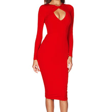 Sexy Club Women Midi Dress Solid Cut Out V-Neck Long Sleeve Bodycon Bandage Dress Club Party RedBlack Dress  TIML66 TIML66