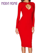 Sexy Club Women Midi Dress Solid Cut Out V-Neck Long Sleeve Bodycon Bandage Dress Club Party RedBlack Dress  TIML66 TIML66