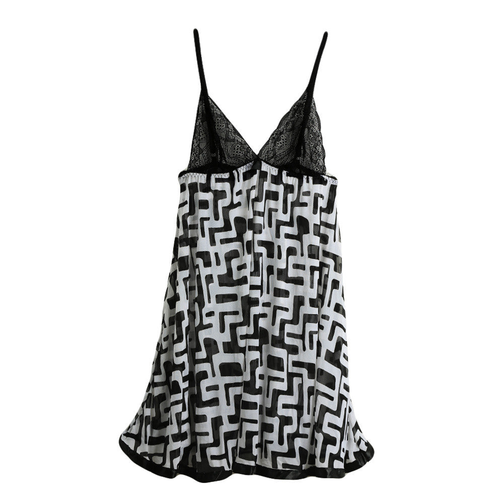 sexy costumes women babydoll dress stone print lace sheer mesh spaghetti strap sleepwear nightgown sexy lingerie with g-string TIML66