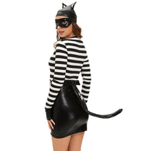 Sexy Fancy Dress Women 7PCS Set Cat Costume PU Splice Stripe Mini Dress Zip Front Tail Cat Burglar Cosplay Halloween Suit Black TIML66 TIML66