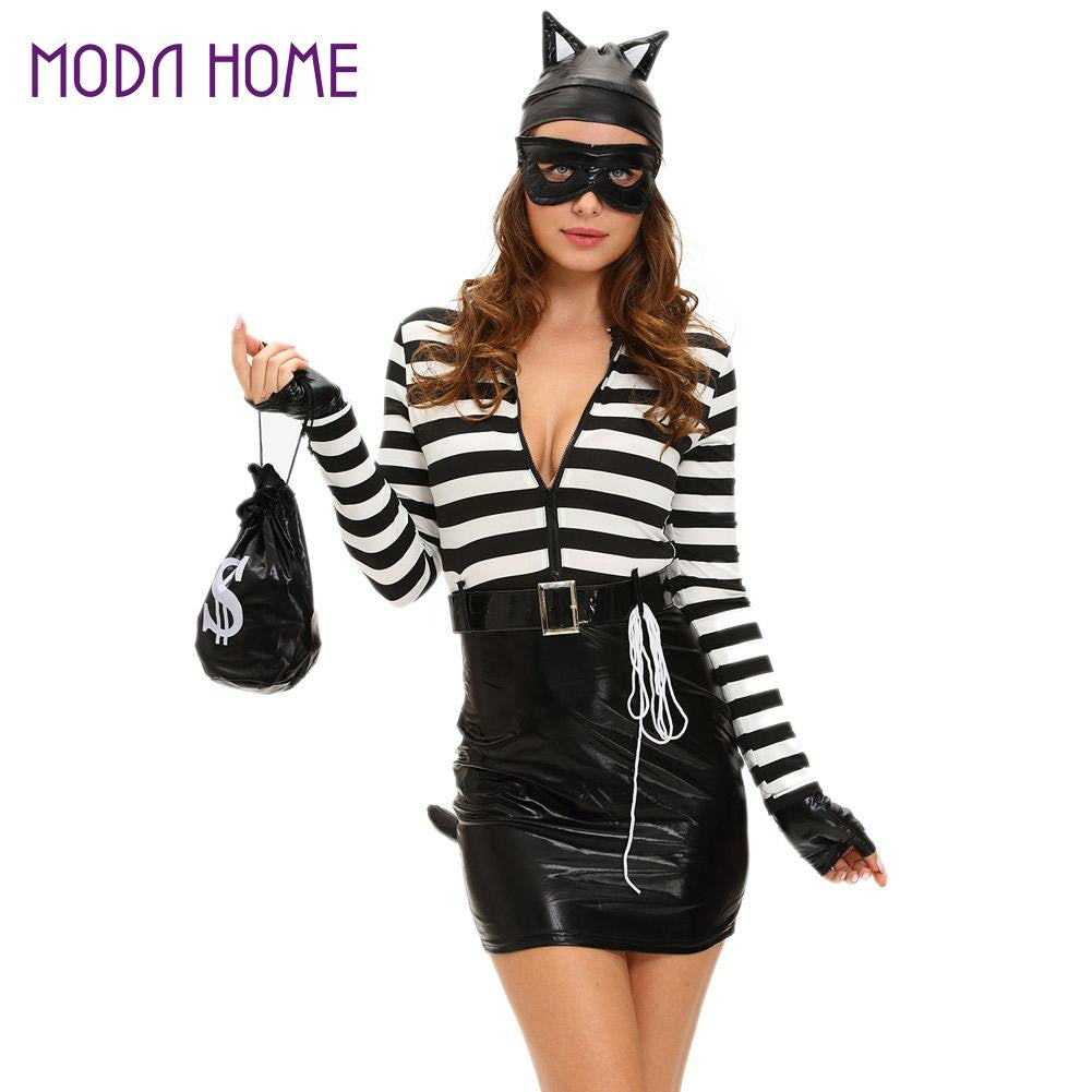 Sexy Fancy Dress Women 7PCS Set Cat Costume PU Splice Stripe Mini Dress Zip Front Tail Cat Burglar Cosplay Halloween Suit Black TIML66 TIML66
