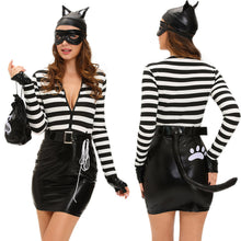 Sexy Fancy Dress Women 7PCS Set Cat Costume PU Splice Stripe Mini Dress Zip Front Tail Cat Burglar Cosplay Halloween Suit Black TIML66 TIML66