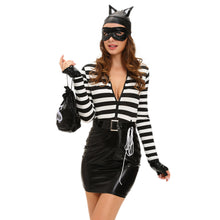 Sexy Fancy Dress Women 7PCS Set Cat Costume PU Splice Stripe Mini Dress Zip Front Tail Cat Burglar Cosplay Halloween Suit Black TIML66 TIML66