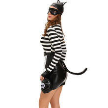 Sexy Fancy Dress Women 7PCS Set Cat Costume PU Splice Stripe Mini Dress Zip Front Tail Cat Burglar Cosplay Halloween Suit Black TIML66 TIML66