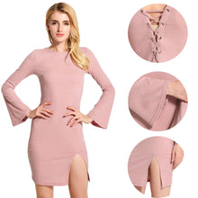 sexy ukraine women knitted dress solid cross strap long flare sleeve dress split slim bodycon ribbed warm dress knitwear TIML66