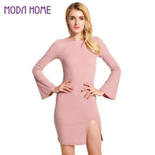 Sexy Ukraine Women Knitted Dress Solid Cross Strap Long Flare Sleeve Dress Split Slim Bodycon Ribbed Warm Dress Knitwear TIML66 TIML66